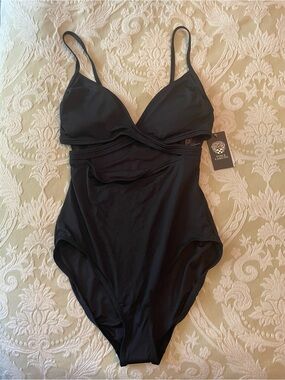 Vince Camuto Black Swimsuit Women’s Cross Front Wrap Sz 12 one-piece NWT